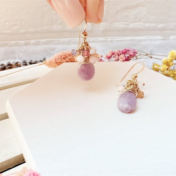 New Lepidolite and Mini Gemstone Cluster Earrings | Handmade in BC - Picture 3 of 5